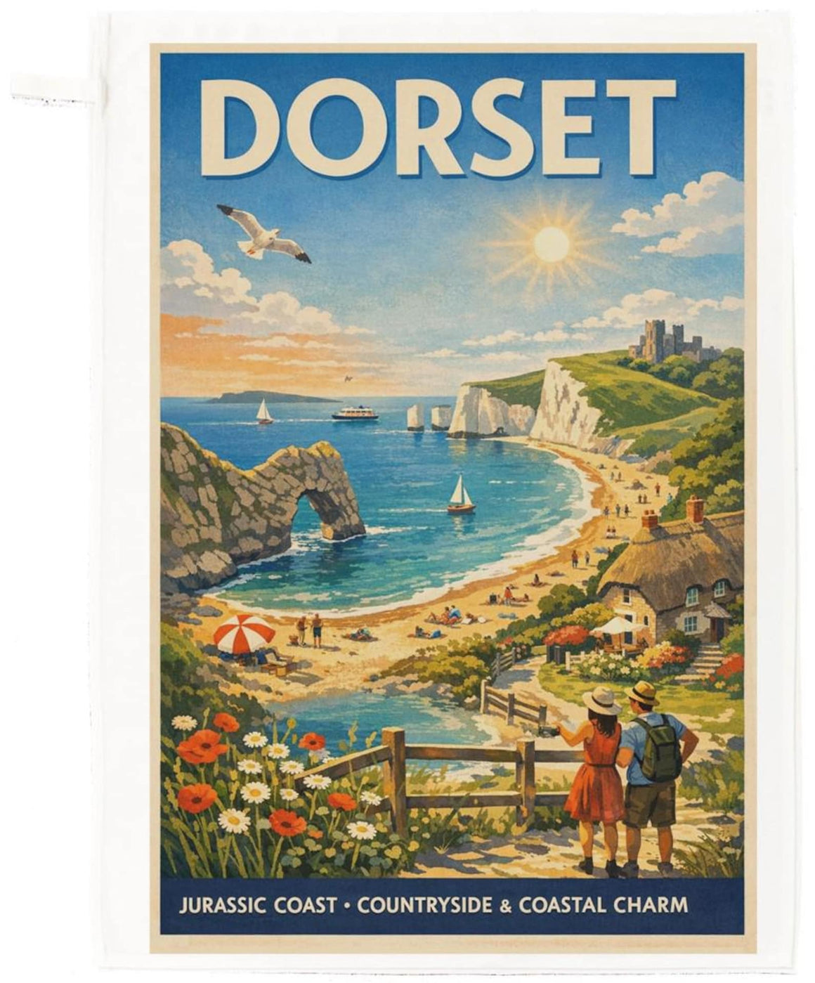 Dorset vintage‑style travel poster cotton tea towel