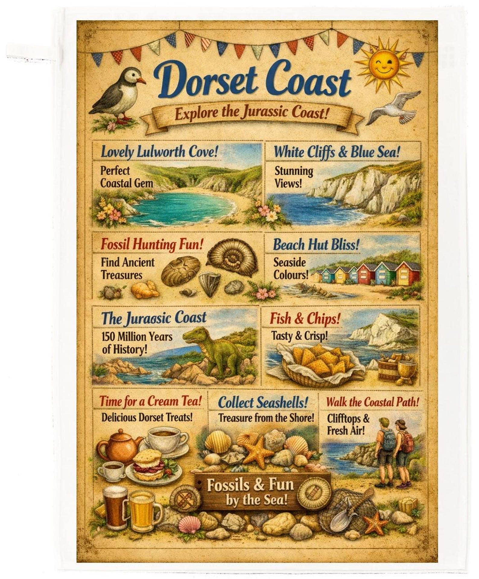 Dorset Coast Cotton Tea Towel – Fossils, Cliffs & Cream Tea