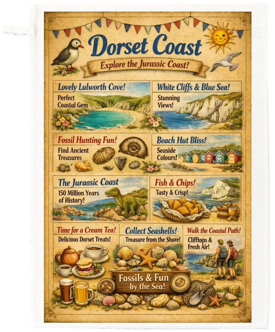 Dorset Coast Cotton Tea Towel – Fossils, Cliffs & Cream Tea